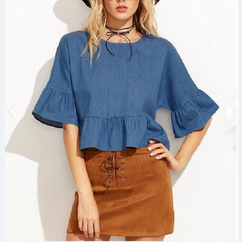 BELLA BUTTERFLY SLEEVE DENIM CROP TOP - B ANN'S BOUTIQUE