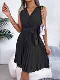 SASH-BELTED PLEATED DRESS - B ANN'S BOUTIQUE, LLC